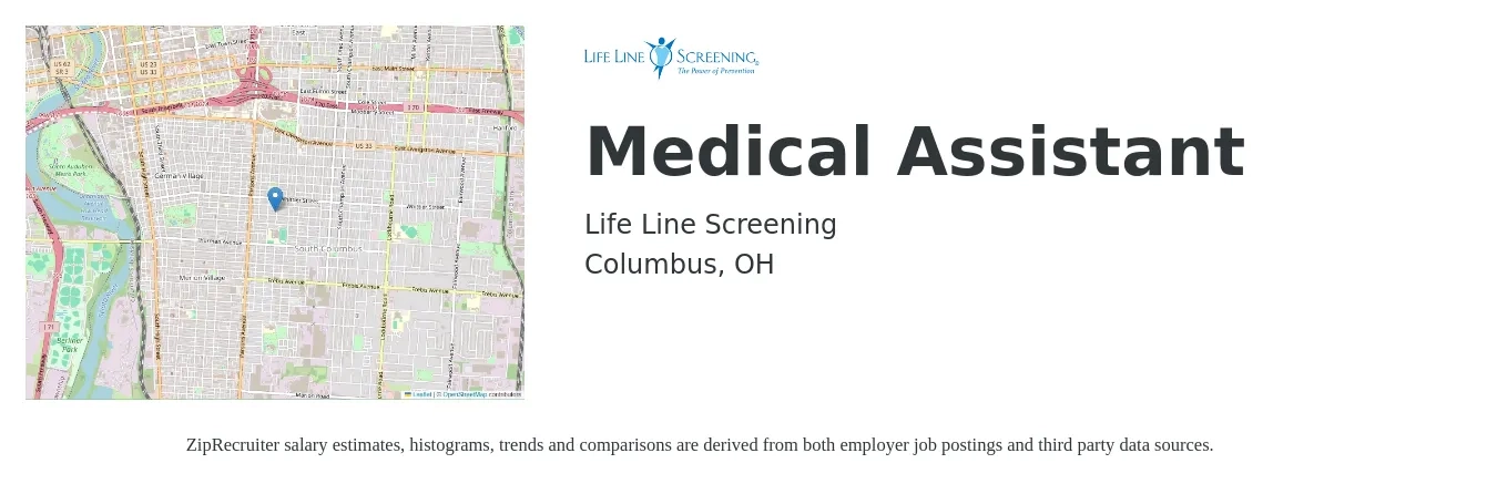 Life Line Screening job posting for a Medical Assistant in Columbus, OH with a salary of $40,000 to $45,000 Yearly with a map of Columbus location.