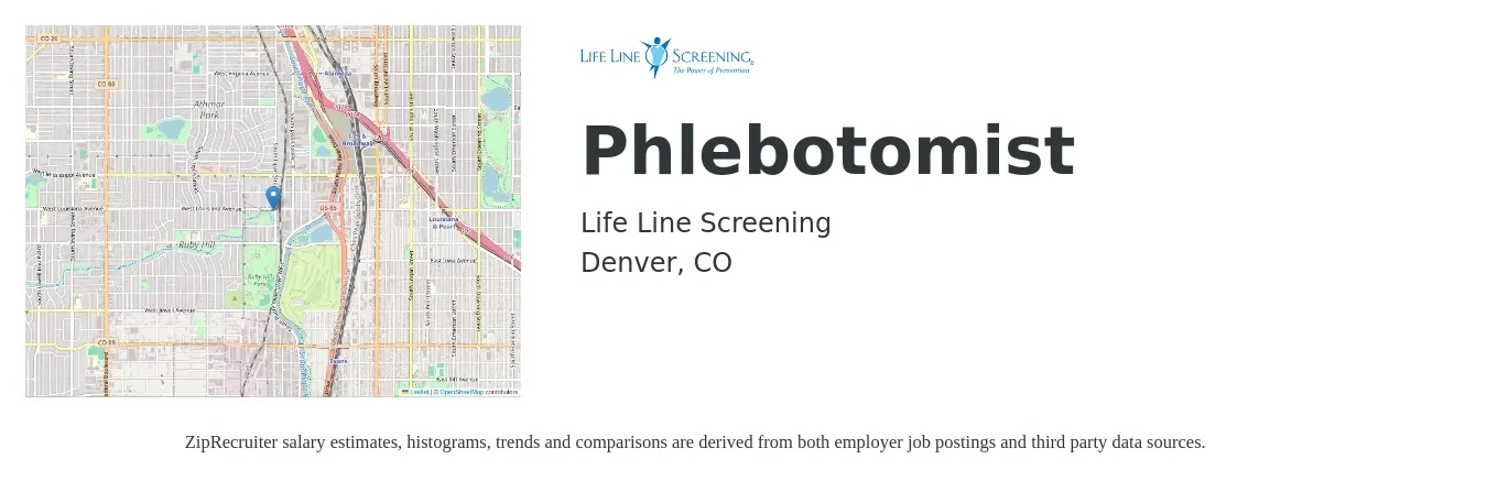 Life Line Screening job posting for a Phlebotomist in Denver, CO with a salary of $18 to $22 Hourly with a map of Denver location.