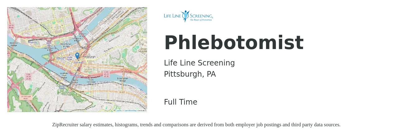 Life Line Screening job posting for a Phlebotomist in Pittsburgh, PA with a salary of $16 to $21 Hourly with a map of Pittsburgh location.