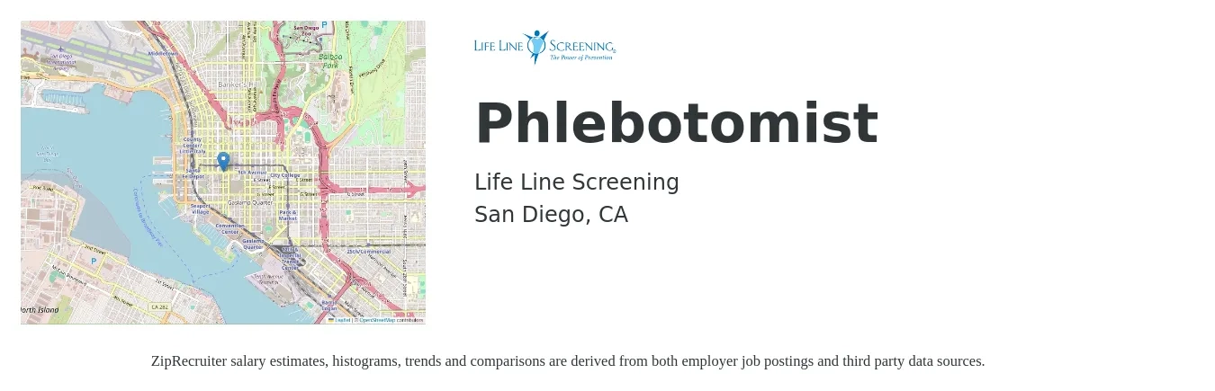 Life Line Screening job posting for a Phlebotomist in San Diego, CA with a salary of $18 to $22 Hourly with a map of San Diego location.