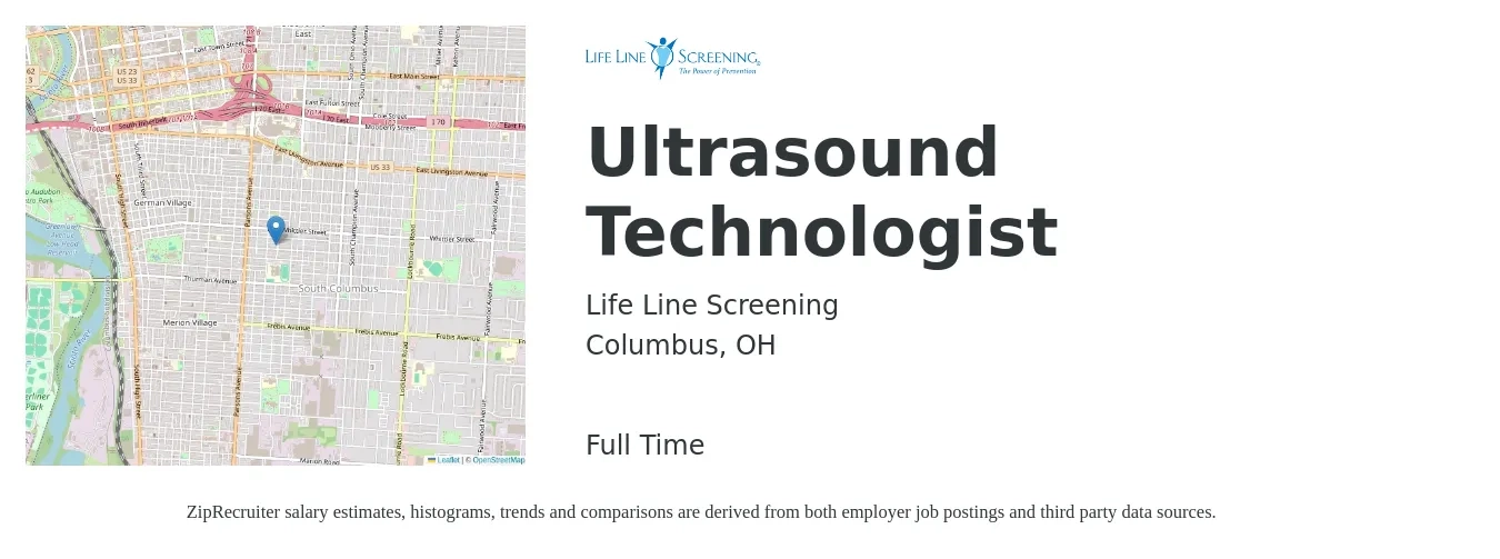 Life Line Screening job posting for a Ultrasound Technologist in Columbus, OH with a salary of $25 to $30 Hourly with a map of Columbus location.