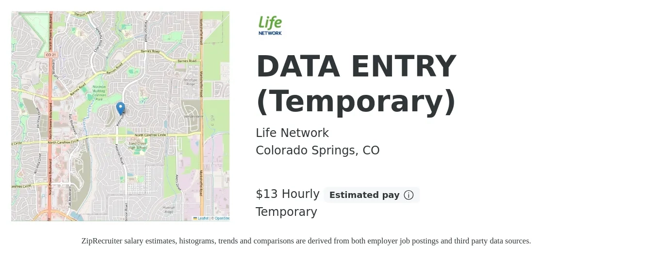 Life Network job posting for a DATA ENTRY (Temporary) in Colorado Springs, CO with a salary of $14 Hourly with a map of Colorado Springs location.