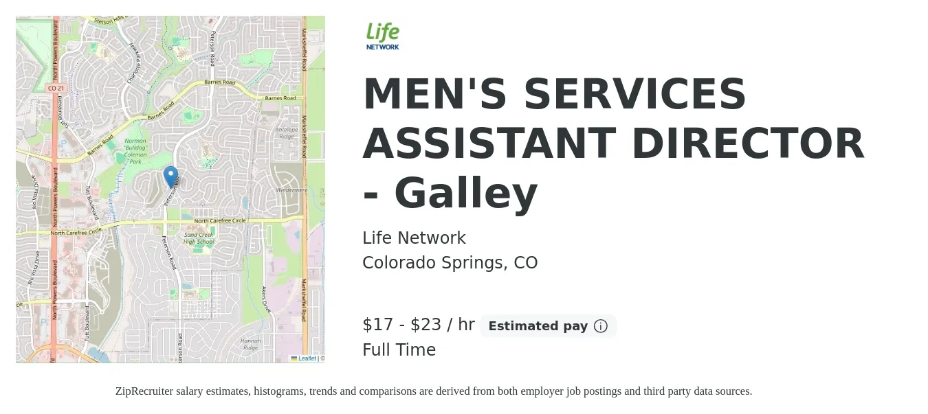 Life Network job posting for a MEN'S SERVICES ASSISTANT DIRECTOR - Galley in Colorado Springs, CO with a salary of $18 to $24 Hourly with a map of Colorado Springs location.