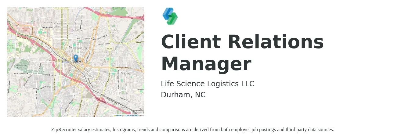 Life Science Logistics LLC job posting for a Client Relations Manager in Durham, NC with a salary of $39,400 to $58,900 Yearly with a map of Durham location.