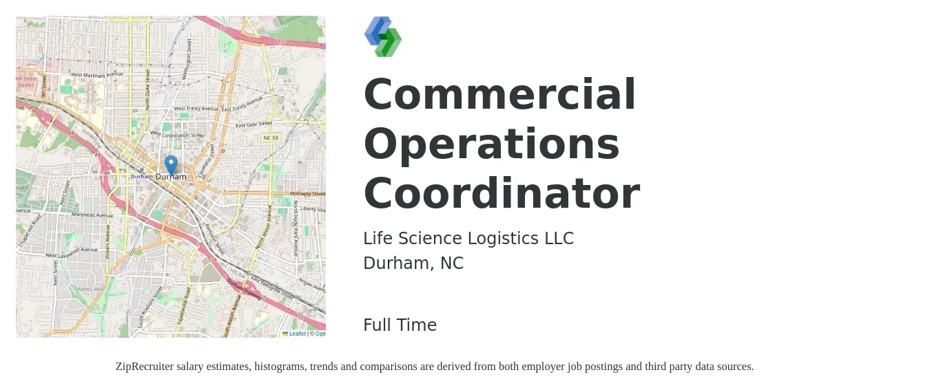Life Science Logistics job posting for a Commercial Operations Coordinator in Durham, NC with a salary of $18 to $26 Hourly with a map of Durham location.