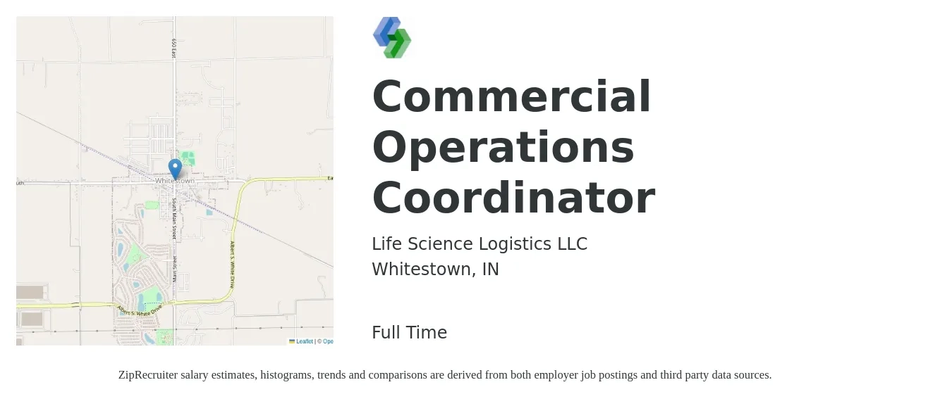 Life Science Logistics LLC job posting for a Commercial Operations Coordinator in Whitestown, IN with a salary of $21 to $30 Hourly with a map of Whitestown location.