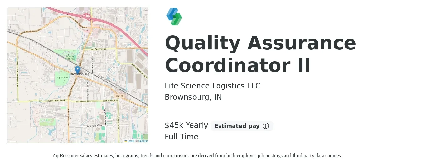 Life Science Logistics LLC job posting for a Quality Assurance Coordinator II in Brownsburg, IN with a salary of $21 to $30 Hourly with a map of Brownsburg location.