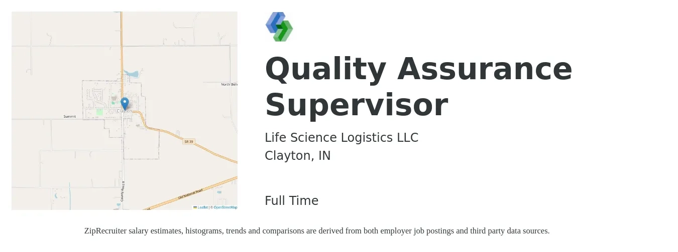 Life Science Logistics LLC job posting for a Quality Assurance Supervisor in Clayton, IN with a salary of $84,800 to $147,600 Yearly with a map of Clayton location.