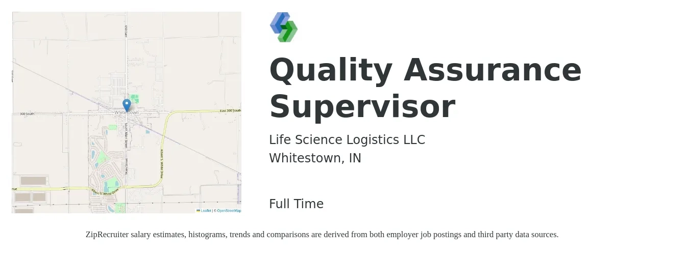 Life Science Logistics LLC job posting for a Quality Assurance Supervisor in Whitestown, IN with a salary of $85,000 to $147,900 Yearly with a map of Whitestown location.