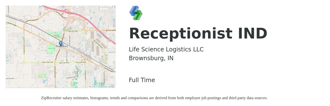 Life Science Logistics LLC job posting for a Receptionist IND in Brownsburg, IN with a salary of $15 to $20 Hourly with a map of Brownsburg location.