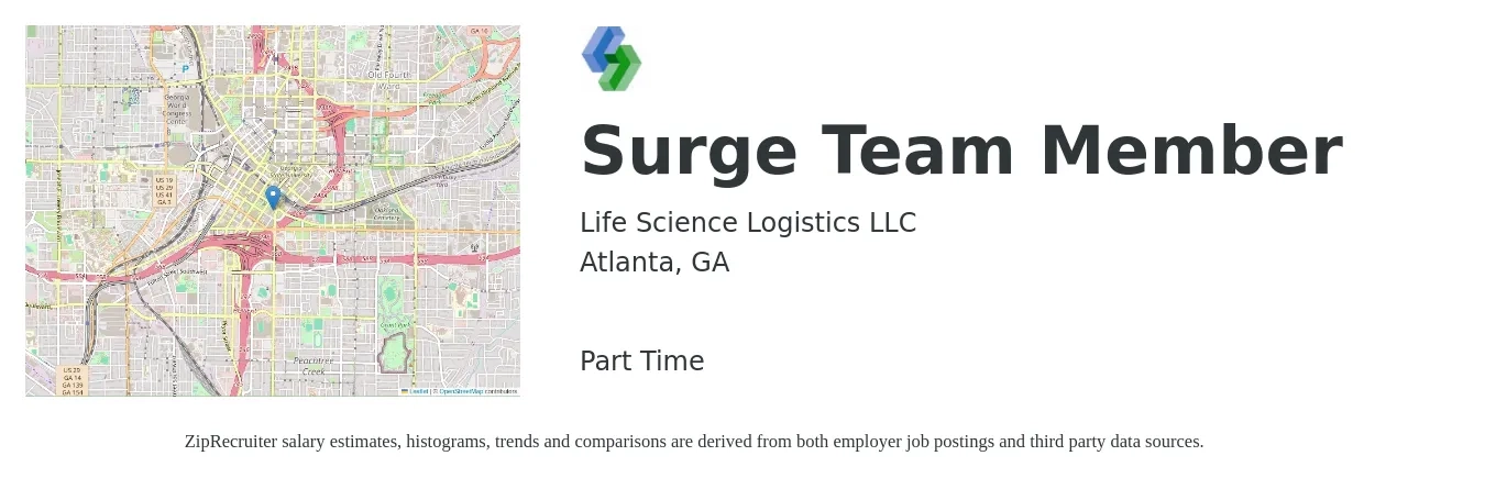 Life Science Logistics LLC job posting for a Surge Team Member in Atlanta, GA with a salary of $15 to $18 Hourly with a map of Atlanta location.