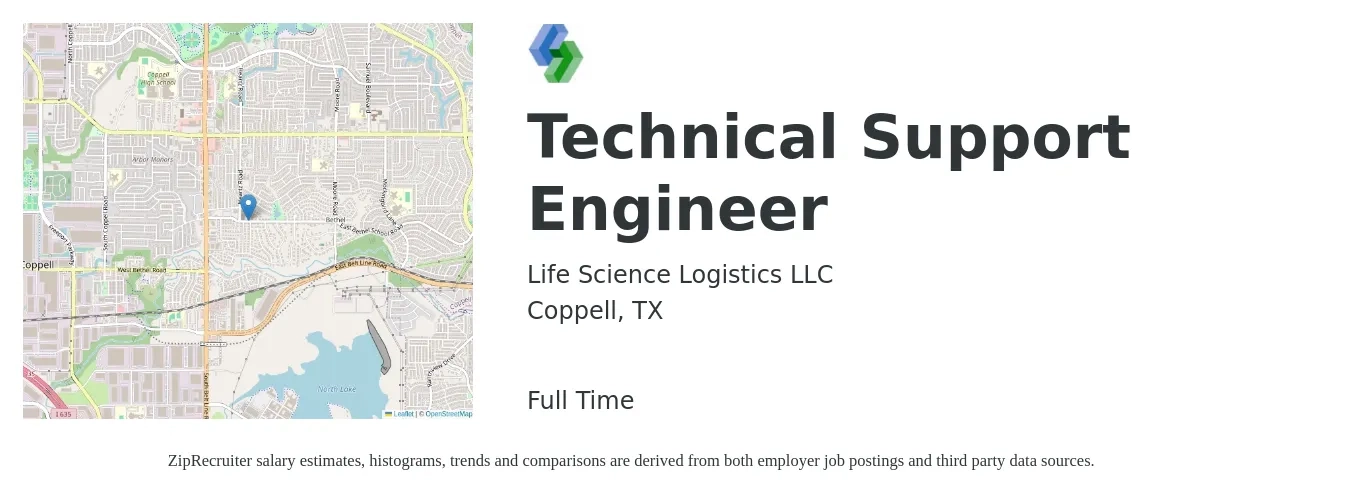 Life Science Logistics LLC job posting for a Technical Support Engineer in Coppell, TX with a salary of $53,900 to $91,600 Yearly with a map of Coppell location.