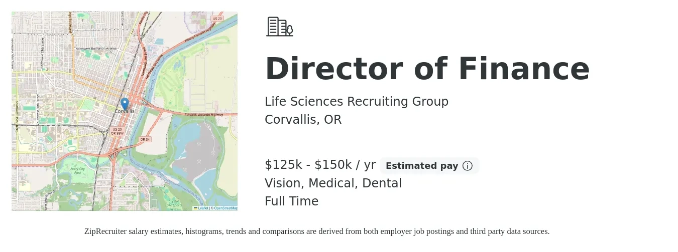 Life Sciences Recruiting Group job posting for a Director of Finance in Corvallis, OR with a salary of $125,000 to $150,000 Yearly (plus commission) and benefits including life_insurance, medical, pto, retirement, vision, and dental with a map of Corvallis location.