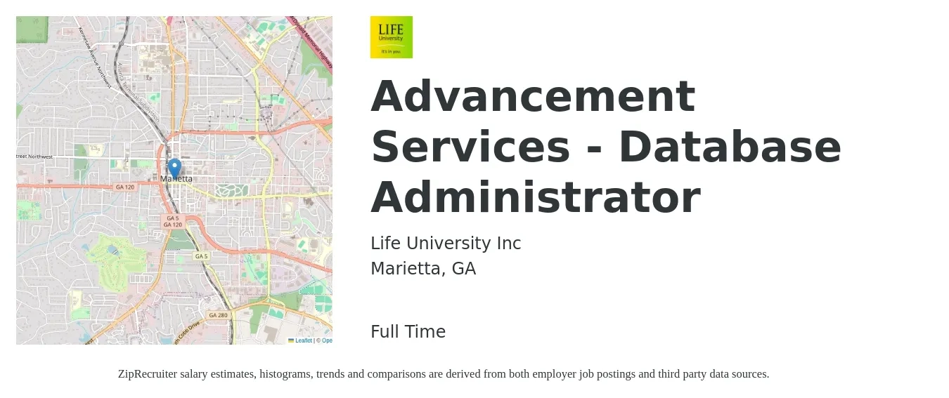 Life University Inc job posting for a Advancement Services - Database Administrator in Marietta, GA with a salary of $38 to $58 Hourly with a map of Marietta location.