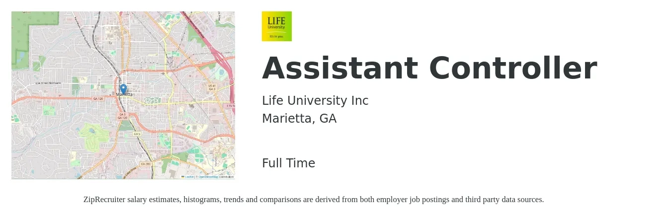 Life University Inc job posting for a Assistant Controller in Marietta, GA with a salary of $78,900 to $112,500 Yearly with a map of Marietta location.