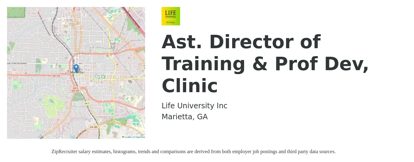 Life University Inc job posting for a Ast. Director of Training & Prof Dev, Clinic in Marietta, GA with a salary of $96,400 to $164,000 Yearly with a map of Marietta location.
