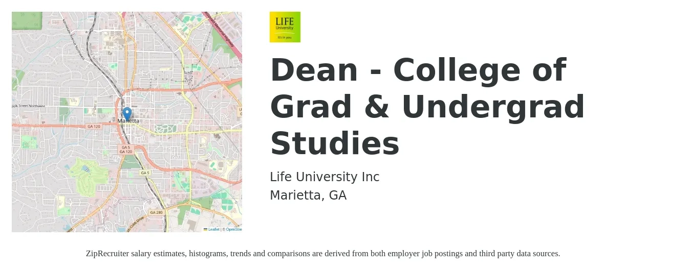 Life University Inc job posting for a Dean - College of Grad & Undergrad Studies in Marietta, GA with a salary of $69,900 to $124,300 Yearly with a map of Marietta location.