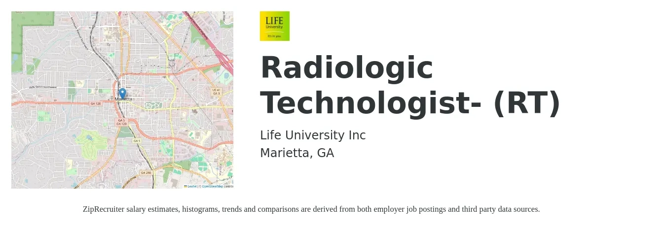 Life University job posting for a Radiologic Technologist- (RT) in Marietta, GA with a salary of $1,090 to $2,260 Weekly with a map of Marietta location.