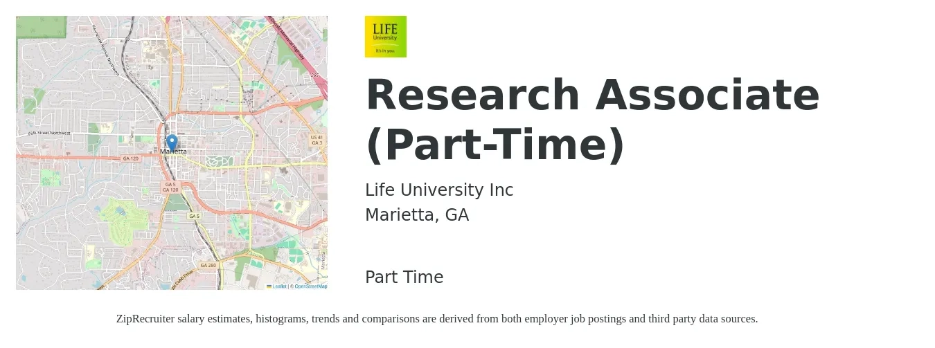 Life University Inc job posting for a Research Associate (Part-Time) in Marietta, GA with a salary of $26 to $36 Hourly with a map of Marietta location.