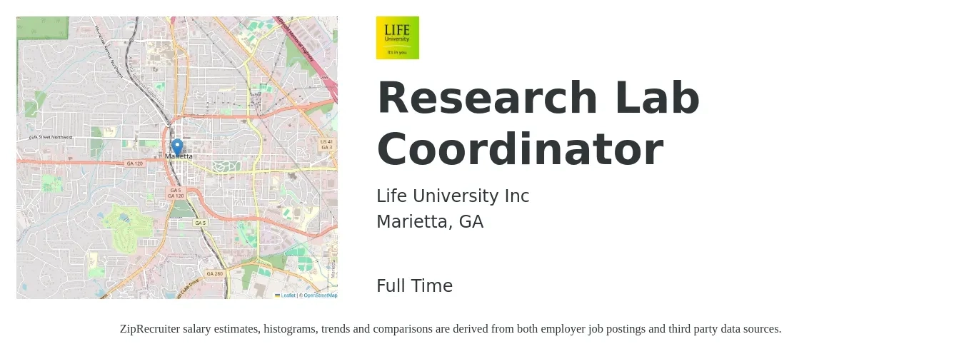 Life University Inc job posting for a Research Lab Coordinator in Marietta, GA with a salary of $57,600 to $94,000 Yearly with a map of Marietta location.