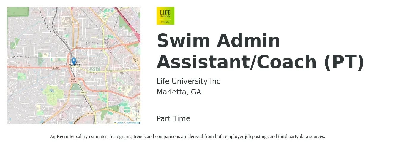 Life University Inc job posting for a Swim Admin Assistant/Coach (PT) in Marietta, GA with a map of Marietta location.