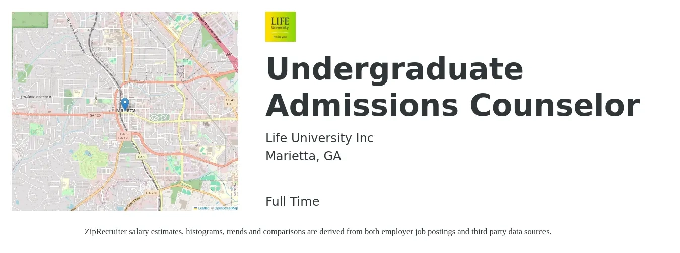Life University Inc job posting for a Undergraduate Admissions Counselor in Marietta, GA with a salary of $36,400 to $49,100 Yearly with a map of Marietta location.