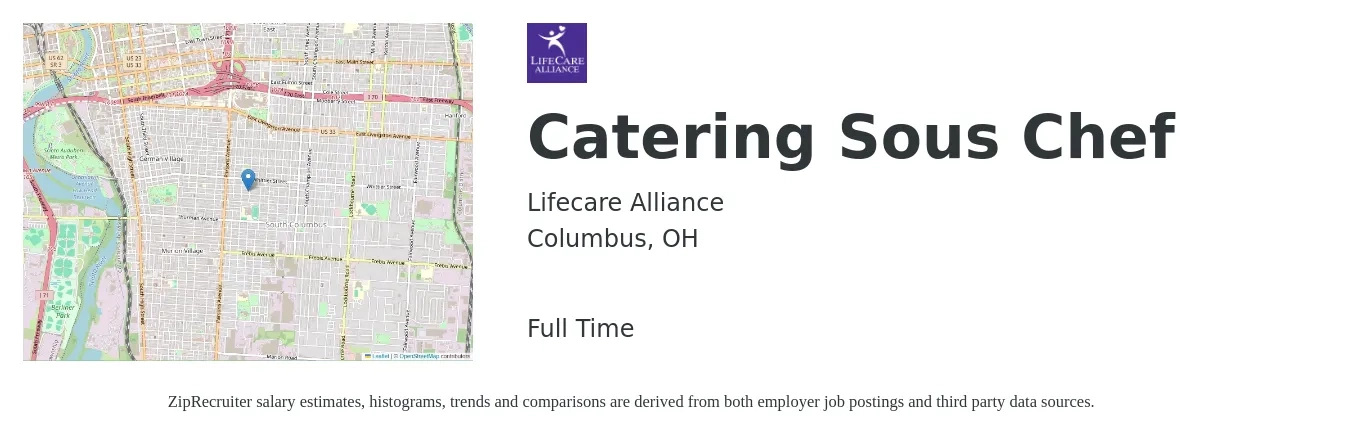 Lifecare Alliance job posting for a Catering Sous Chef in Columbus, OH with a salary of $38,500 to $60,100 Yearly with a map of Columbus location.