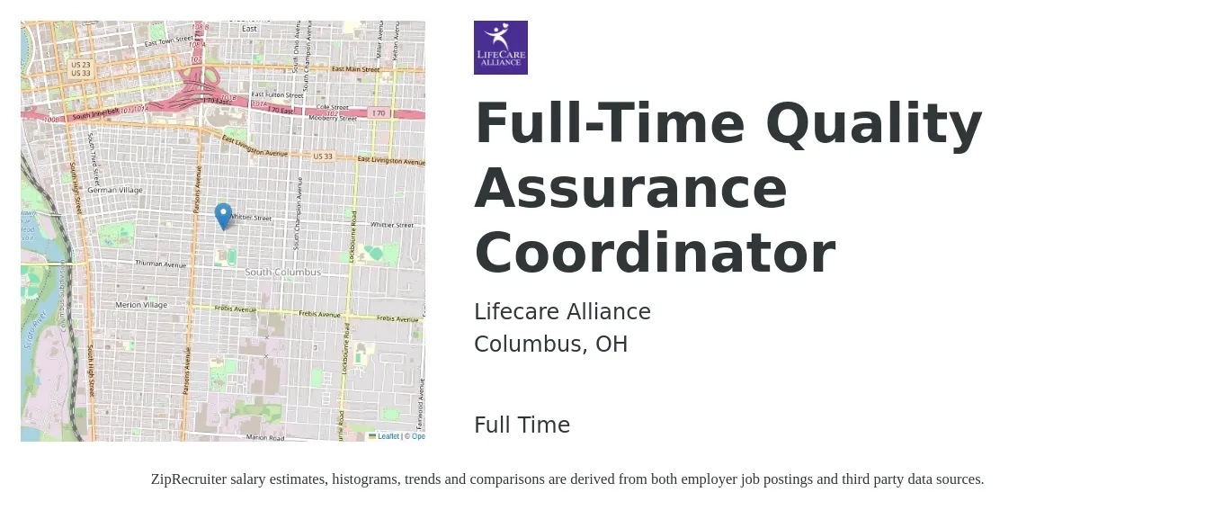 Lifecare Alliance job posting for a Full-Time Quality Assurance Coordinator in Columbus, OH with a salary of $20 to $29 Hourly with a map of Columbus location.