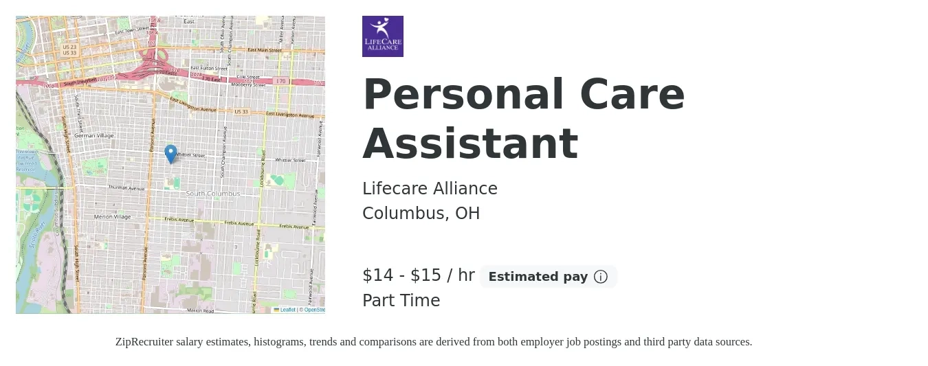 Lifecare Alliance job posting for a Personal Care Assistant in Columbus, OH with a salary of $15 to $16 Hourly with a map of Columbus location.