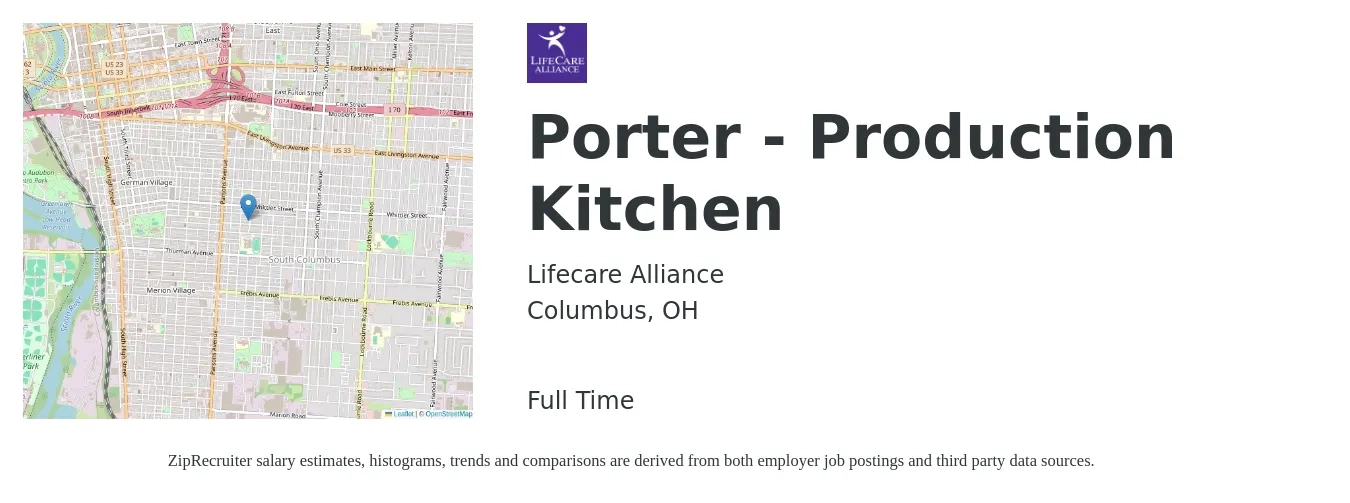 Lifecare Alliance job posting for a Porter - Production Kitchen in Columbus, OH with a salary of $13 to $16 Hourly with a map of Columbus location.