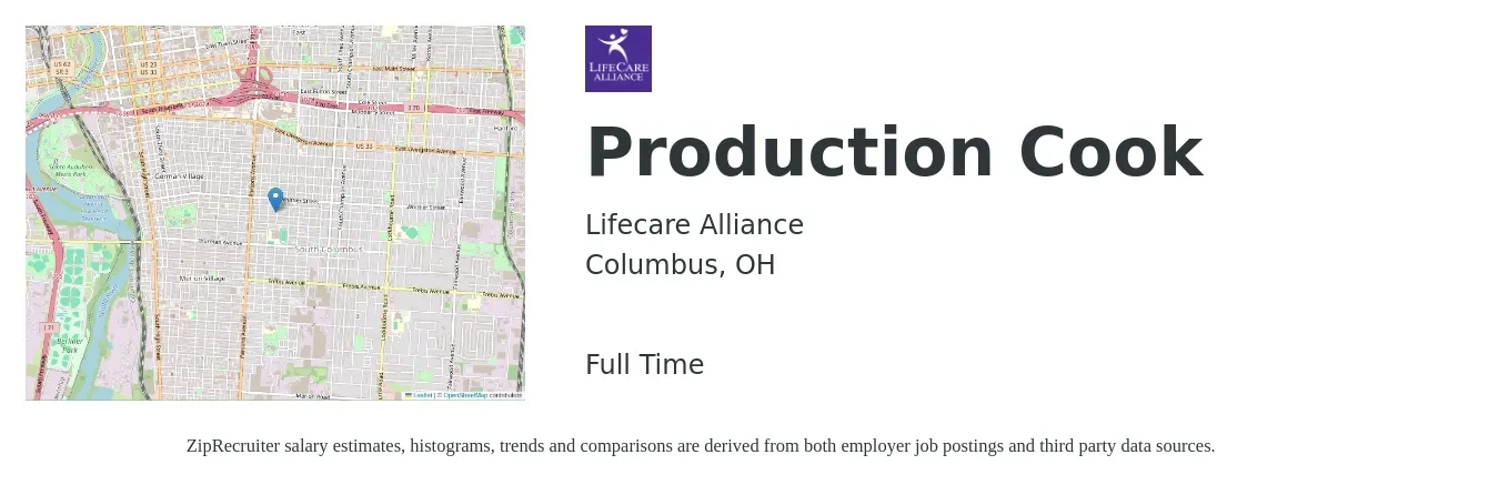 Lifecare Alliance job posting for a Production Cook in Columbus, OH with a map of Columbus location.