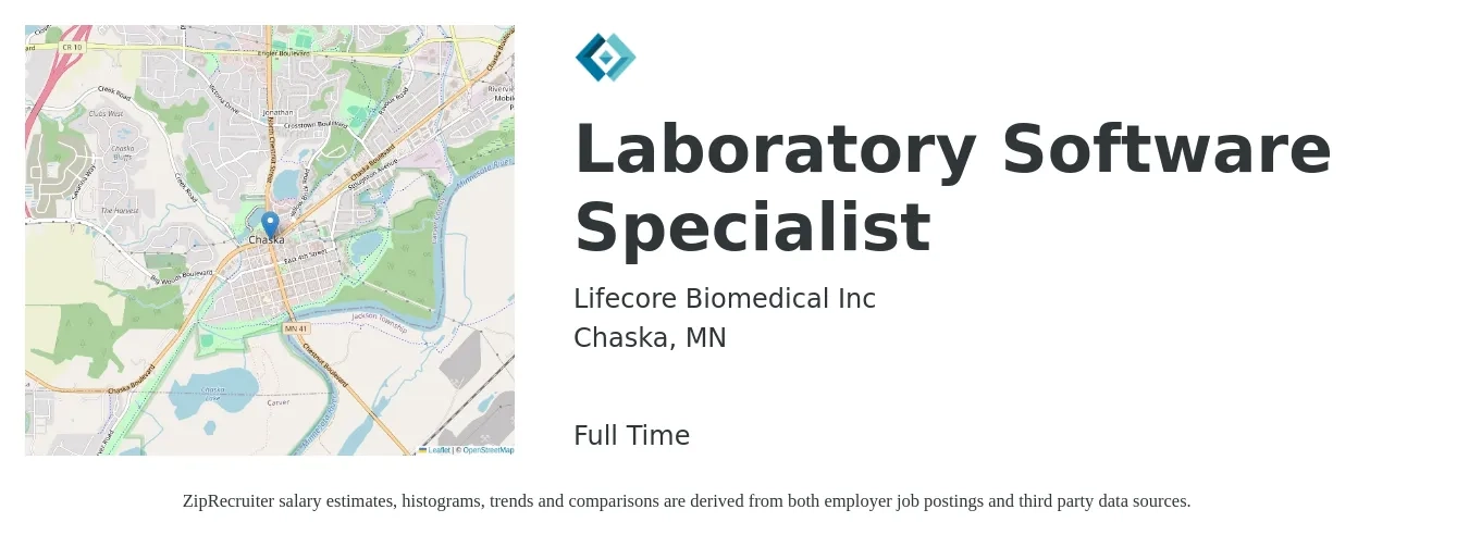 Lifecore Biomedical Inc job posting for a Laboratory Software Specialist in Chaska, MN with a salary of $22 to $42 Hourly with a map of Chaska location.