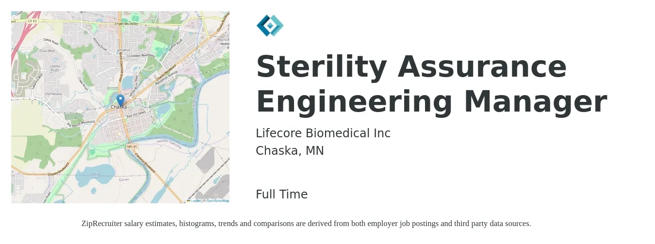 Lifecore Biomedical Inc job posting for a Sterility Assurance Engineering Manager in Chaska, MN with a salary of $185,500 Yearly with a map of Chaska location.