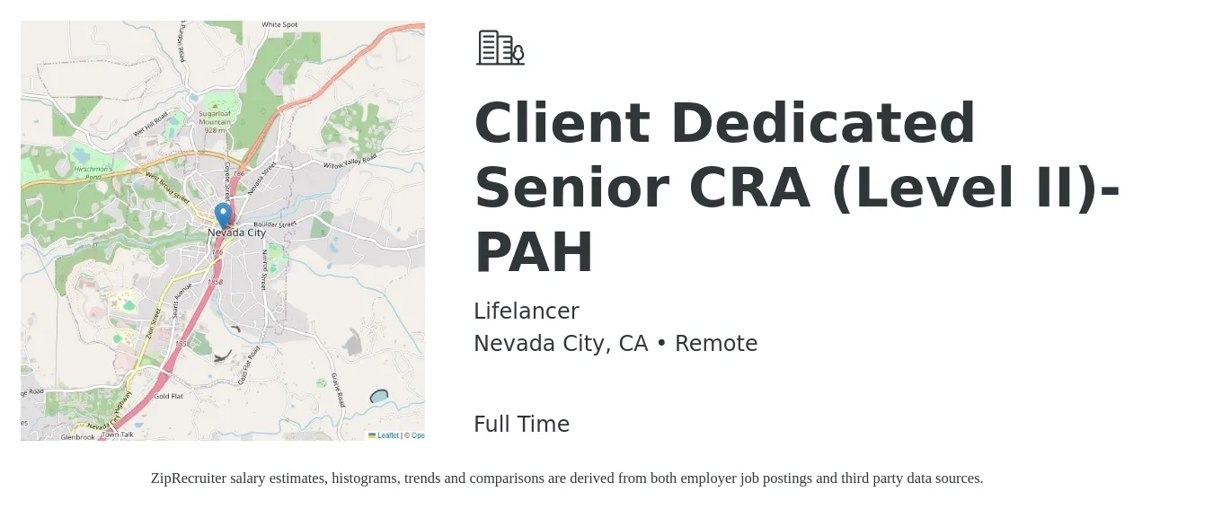 Lifelancer job posting for a Client Dedicated Senior CRA (Level II)-PAH in Nevada City, CA with a salary of $67,200 to $137,600 Yearly with a map of Nevada City location.