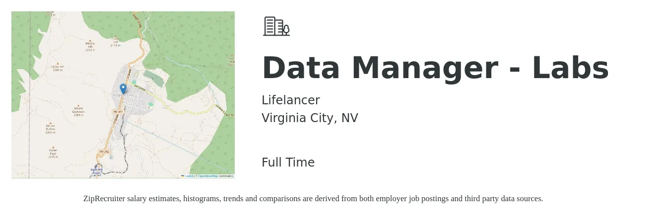 Lifelancer job posting for a Data Manager - Labs in Virginia City, NV with a salary of $67,500 to $128,400 Yearly with a map of Virginia City location.