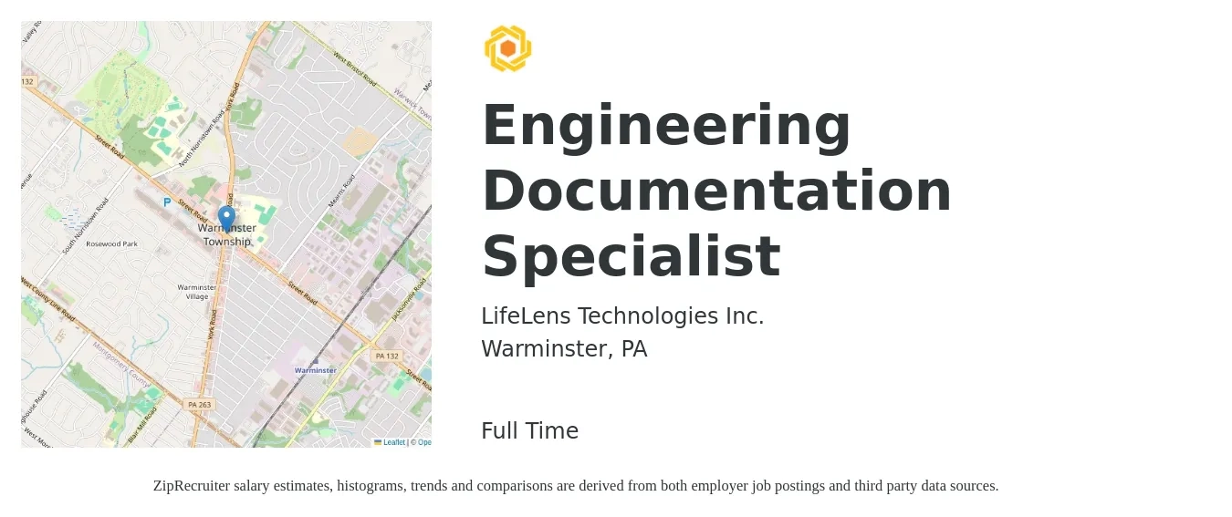 LifeLens Technologies Inc. job posting for a Engineering Documentation Specialist in Warminster, PA with a salary of $28 to $35 Hourly with a map of Warminster location.