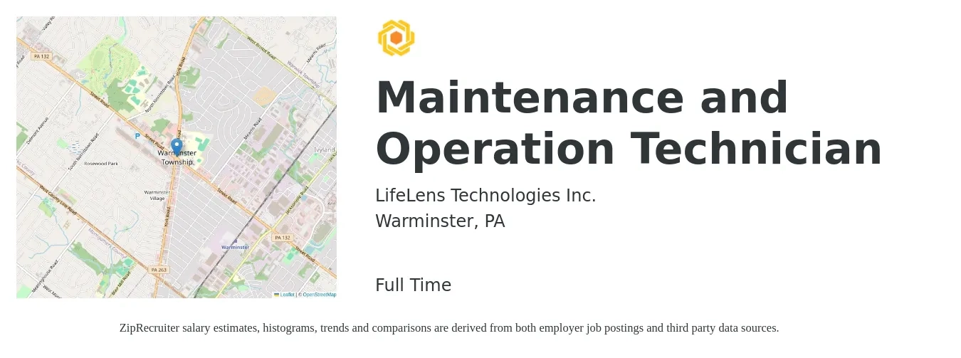 LifeLens Technologies Inc. job posting for a Maintenance and Operation Technician in Warminster, PA with a salary of $20 to $25 Hourly with a map of Warminster location.