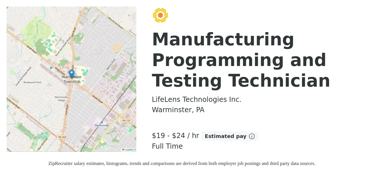 LifeLens Technologies Inc. job posting for a Manufacturing Programming and Testing Technician in Warminster, PA with a salary of $20 to $25 Hourly with a map of Warminster location.