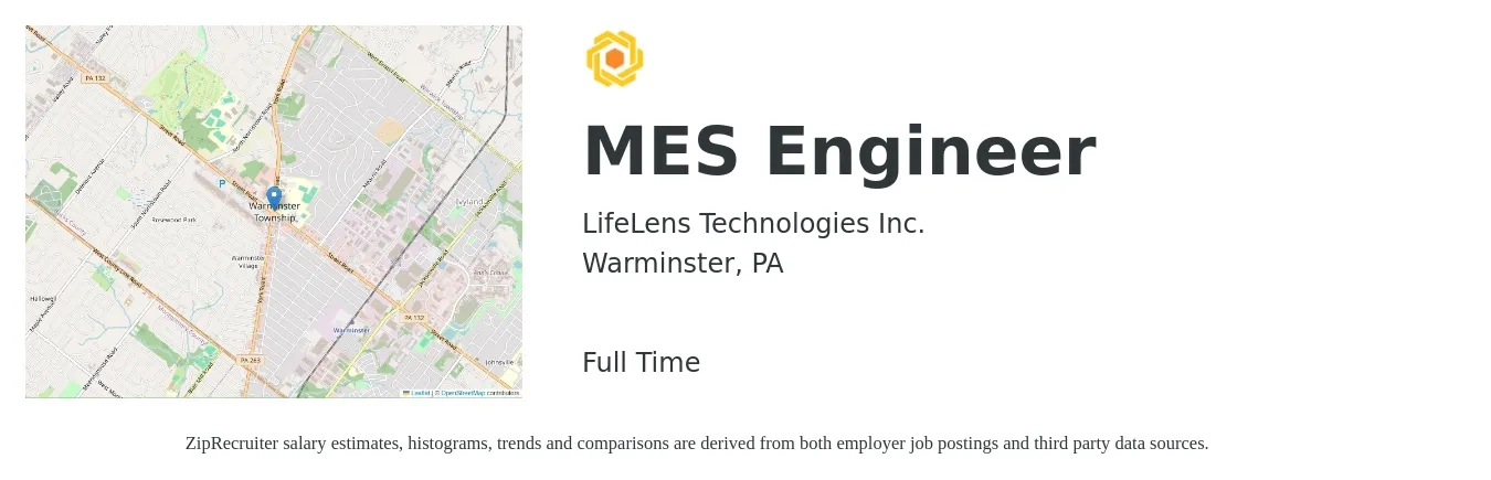 LifeLens Technologies Inc. job posting for a MES Engineer in Warminster, PA with a salary of $83,600 to $116,000 Yearly with a map of Warminster location.
