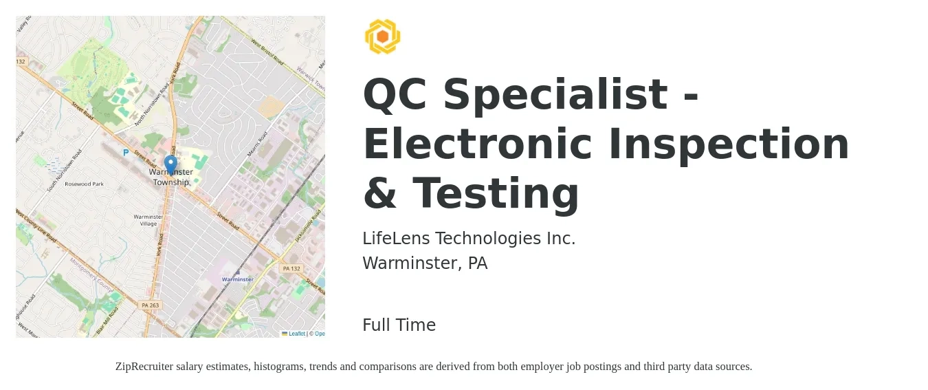 LifeLens Technologies Inc. job posting for a QC Specialist - Electronic Inspection & Testing in Warminster, PA with a salary of $22 to $25 Hourly with a map of Warminster location.