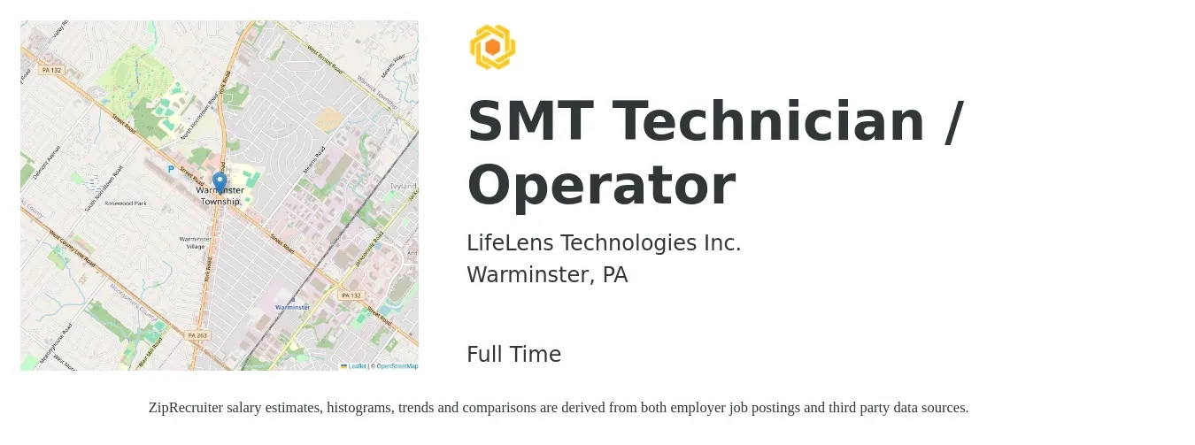LifeLens Technologies Inc. job posting for a SMT Technician / Operator in Warminster, PA with a salary of $18 to $23 Hourly with a map of Warminster location.