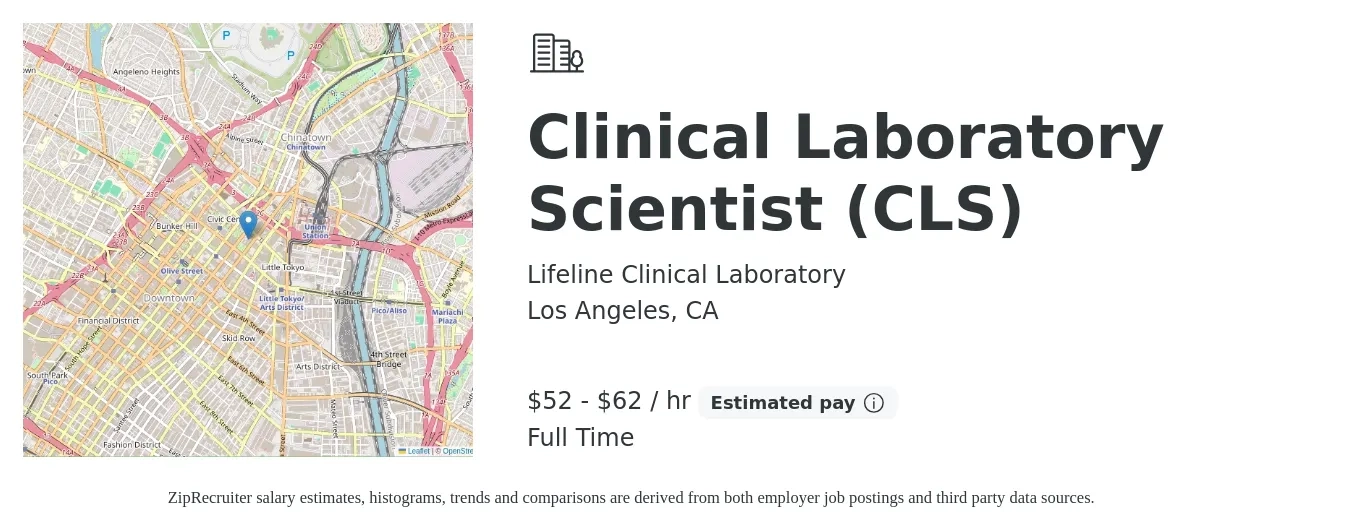 Lifeline Clinical Laboratory job posting for a Clinical Laboratory Scientist (CLS) in Los Angeles, CA with a salary of $35 to $60 Hourly with a map of Los Angeles location.
