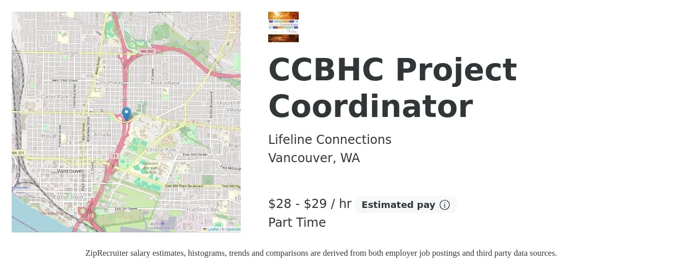 Lifeline Connections job posting for a CCBHC Project Coordinator in Vancouver, WA with a salary of $30 to $31 Hourly with a map of Vancouver location.