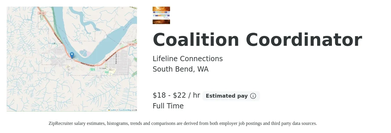 Lifeline Connections job posting for a Coalition Coordinator in South Bend, WA with a salary of $19 to $23 Hourly with a map of South Bend location.