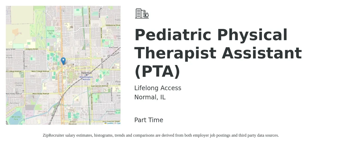 Lifelong Access job posting for a Pediatric Physical Therapist Assistant (PTA) in Normal, IL with a salary of $27 to $36 Hourly with a map of Normal location.
