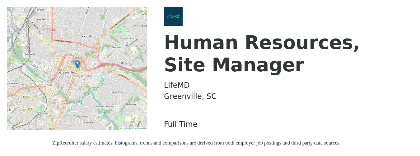 LifeMD job posting for a Human Resources, Site Manager in Greenville, SC with a salary of $64,900 to $94,000 Yearly with a map of Greenville location.