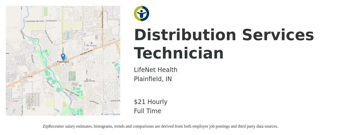 LifeNet Health job posting for a Distribution Services Technician in Plainfield, IN with a salary of $22 Hourly with a map of Plainfield location.