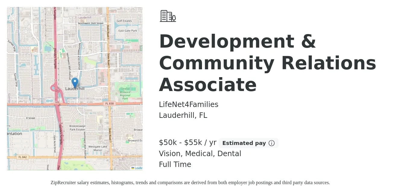LifeNet4Families job posting for a Development & Community Relations Associate in Lauderhill, FL with a salary of $50,000 to $55,000 Yearly and benefits including dental, life_insurance, medical, and vision with a map of Lauderhill location.