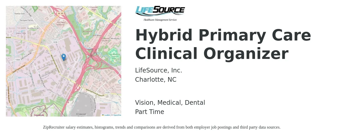 LifeSource, Inc. job posting for a Hybrid Primary Care Clinical Organizer in Charlotte, NC with a salary of $43,500 to $63,500 Yearly and benefits including vision, dental, life_insurance, medical, pto, and retirement with a map of Charlotte location.