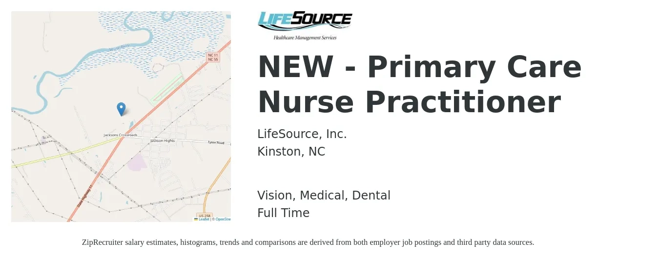 LifeSource, Inc. job posting for a NEW - Primary Care Nurse Practitioner in Kinston, NC with a salary of $95,700 to $130,700 Yearly and benefits including dental, life_insurance, medical, pto, retirement, and vision with a map of Kinston location.